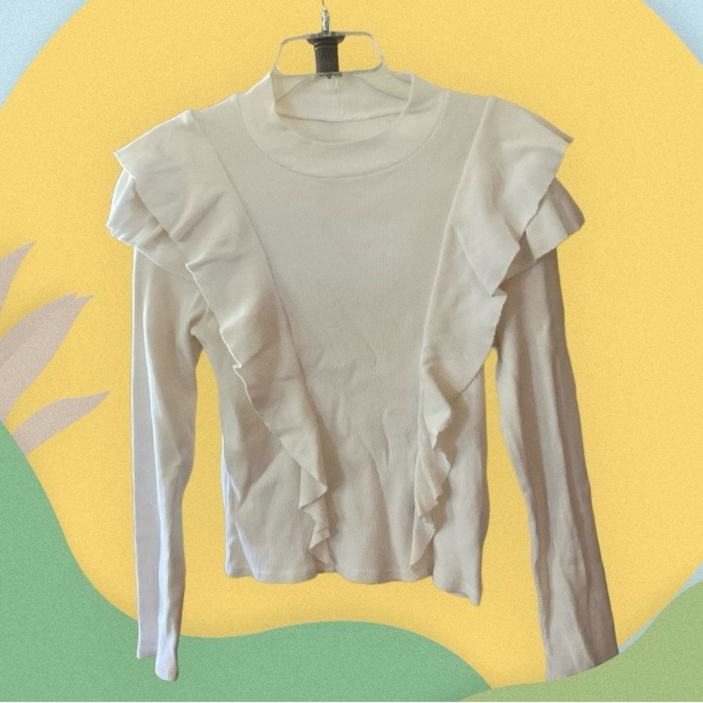 Pipes & Shaw Veronica Beard White Cotton Ruffle Long Sleeve Crewneck Top, Sz S
